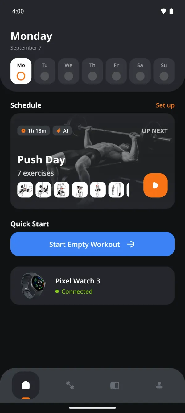 Gymus home screen with the next workout and a connected watch