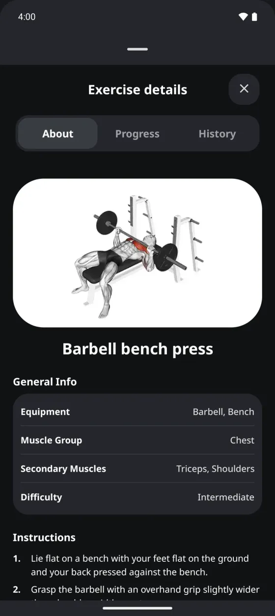 Exercise details for the barbell bench press