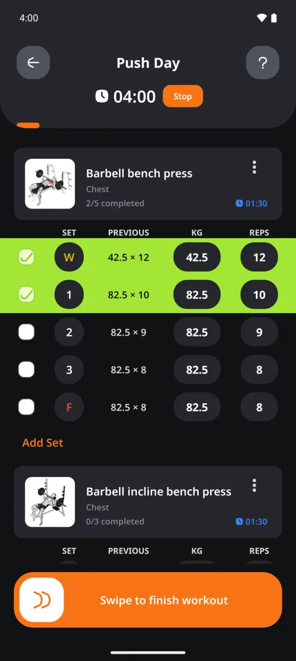 Gymus workout screen with sets logged and the rest timer running