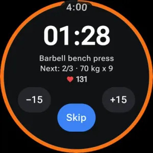 Gymus on a Wear OS watch showing the rest timer